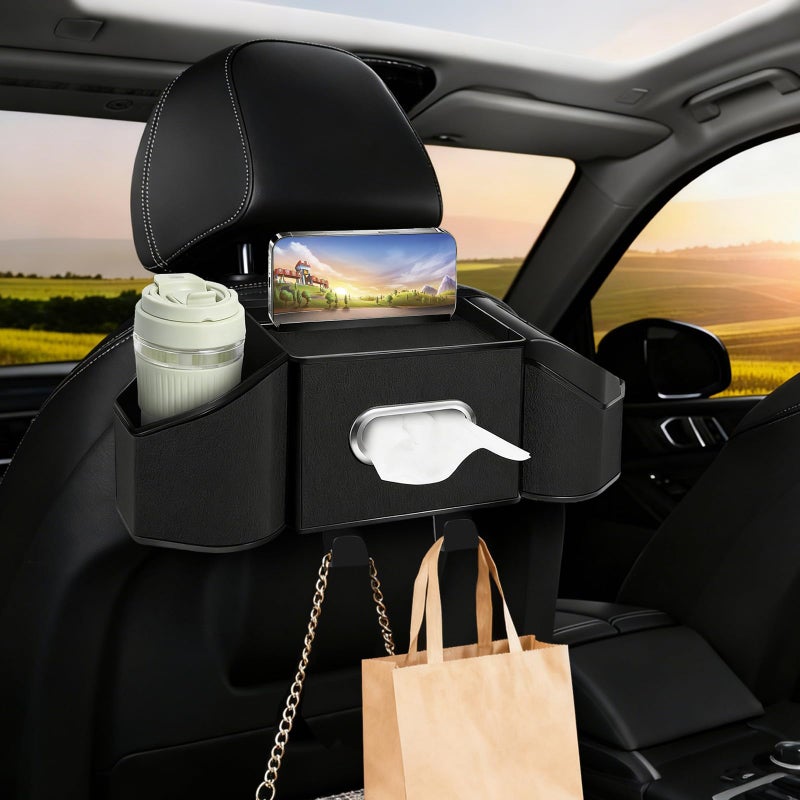 Hiitytin 7-In-1 Car Seat Back Organizer with Cup Holders  Tissue Box  Garbage Can&Hooks  Multifunctional Headrest Storage Organizer  Headrest Cup Holder for Backseat  Car Accessories for Trips  Travels(Black) - Image 1